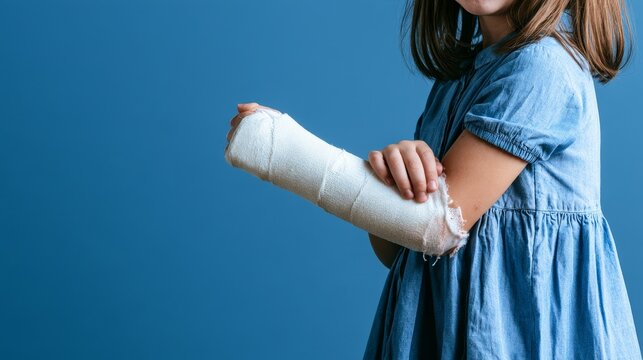 Unrecognizable girl with arm bone fracture wearing a full cast elbow splint on colored background, illustrating childhood injury, medical treatment, joint immobilization, recovery, healthcare safety