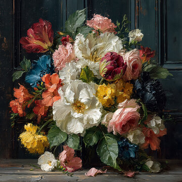 Ornate still life painting featuring a rich floral bouquet with roses, tulips, and other flowers in textured oil paint