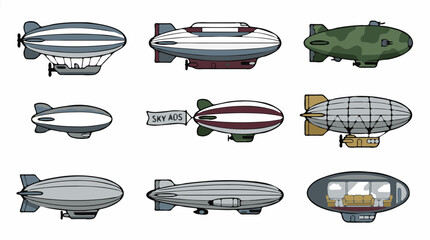 Set of flat design vector illustrations of various dirigibles and airships, isolated on white background. © Elsa