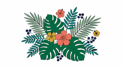 Tropical foliage with hibiscus flowers and berries, flat design vector illustration isolated on white background © Elsa