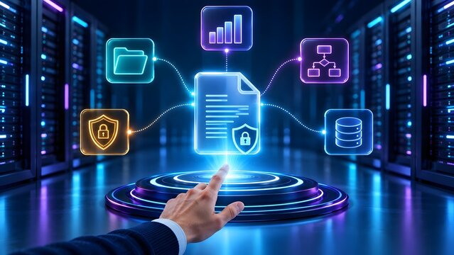 Hand activating secure digital document processing interface controlling database analytics and workflow algorithms inside server room