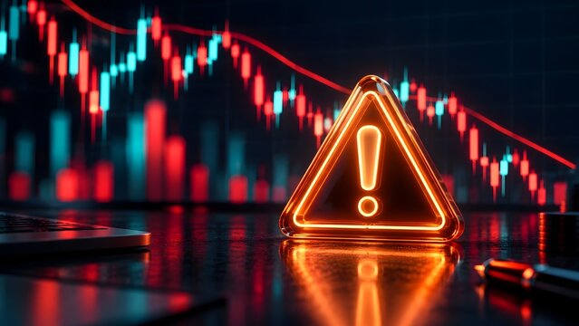 Glowing warning sign alerting of severe financial market crash and economic recession with falling trading charts