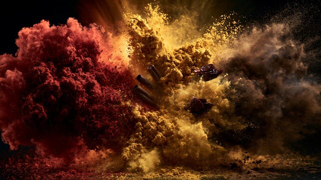 Dynamic Explosion of Vibrant Red and Yellow Powder on Black Background