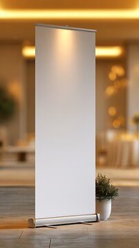 Blank Vertical Roll Up Banner Mockup in Modern Interior Office Lobby