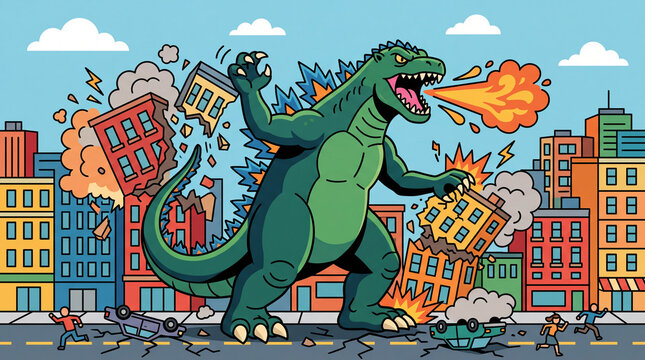 Massive reptilian creature attacking a modern city, unleashing fiery devastation