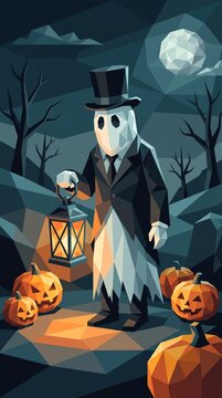 Polygonal style ghost dressed in a black suit and top hat holding a lit lantern with halloween chara