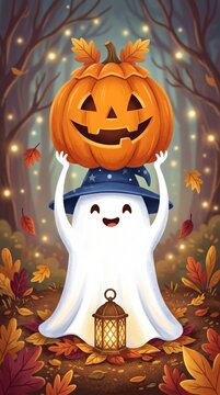 Cute ghost wearing a wizard hat and holding a jack-o-lantern in an autumn forest with fall leaves