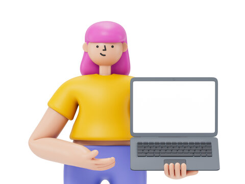 A woman stands holding a laptop with a blank screen