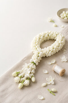 Sampaguita garland on unbleached linen with jasmine petals and wooden thread spool, handmade craft concept