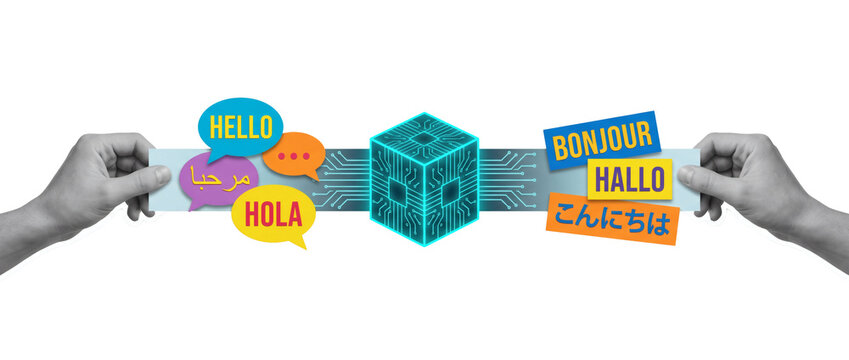 Global multilingual communication and translation concept: hands connecting colorful speech bubbles with greeting words Hello, Hola. Creative graphic asset isolated on white background template.