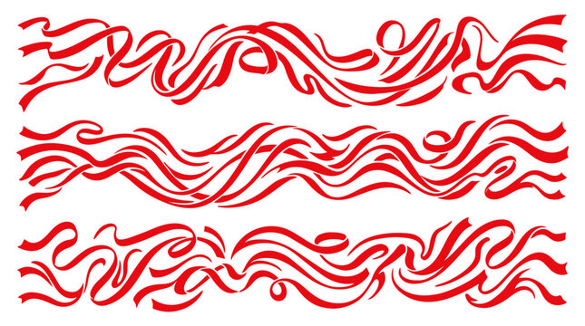 Red Flowing Ribbon Decorative Borders and Swirling Wave Dividers Vector Illustration