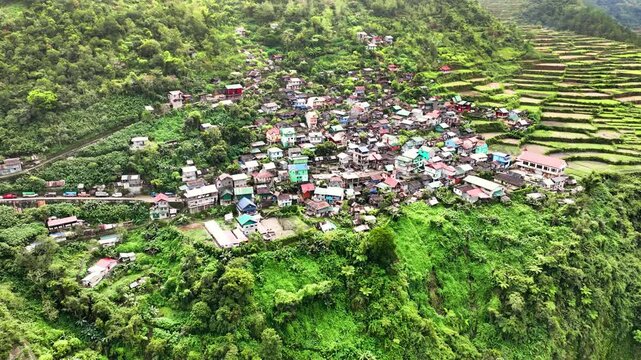 Aerial shot of the amazing terraced rice paddies in the mountains near the small town of Bayyo in the Philippines.