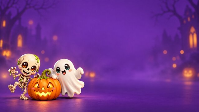 3d Purple halloween background with cute pumpkin and ghost, playful skeleton and gothic arches