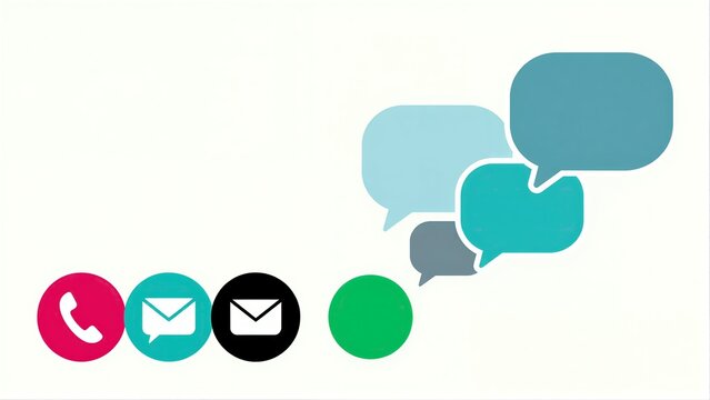 Communication icons: phone, email, chat bubbles. Simple design with colorful symbols.