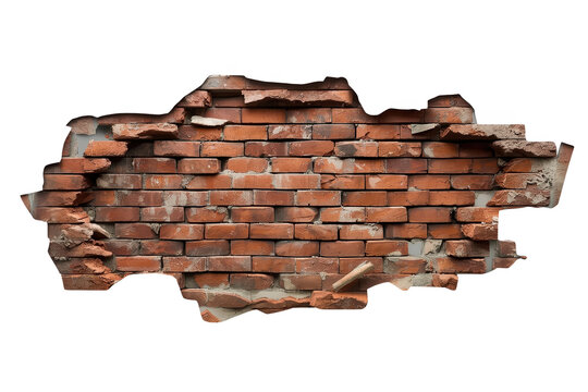 Broken red brick wall opening with jagged plaster edges