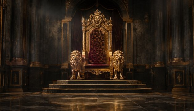 Golden lion throne in dark luxurious royal palace interior