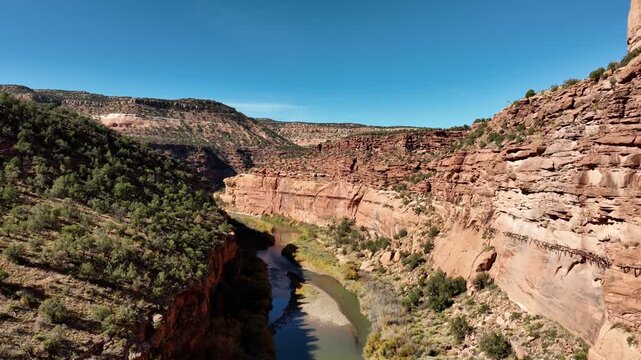 Aerial of the remains of the Hanging Flume water chute built in the Dolores River Canyon in Colorado. The flume was built in the 1880&rsquo;s to transport water for gold mining.