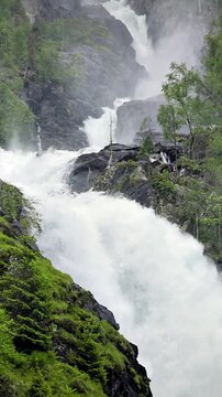 The famous Latefossen waterfall in Norway. Vertical video.