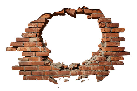 Circular hole in aged brick wall with rough masonry rim