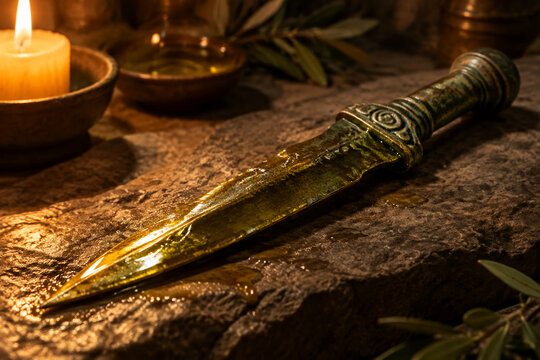 Ancient bronze dagger on stone, blade gleaming with oil under candlelight.