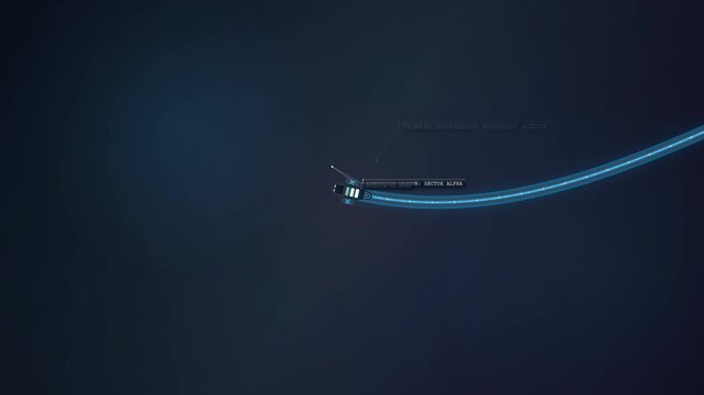 Futuristic digital map animation displaying dynamic routing and pathfinding algorithms as a vehicle avoids a structural anomaly by finding an alternate route