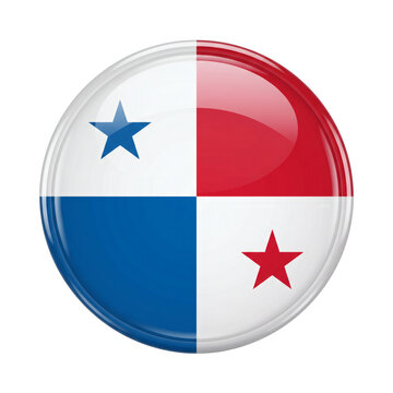 Glossy 3D sphere circular national flag button badge of the Republic of Panama featuring four quarters with white, blue, red fields. Creative graphic asset isolated on white background template.
