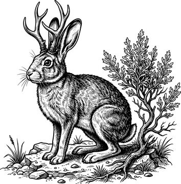 Vintage engraving illustration of a legendary jackalope