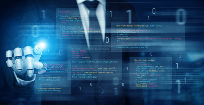 AI auditing faulty programming code, detecting anomalies, insecure logic, and suggesting corrections in a humorous and flawed code example. Vouch