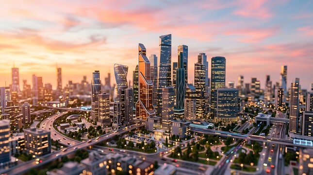 Futuristic City Skyline at Sunset with Tilt-Shift Effect, Modern Skyscrapers and Busy Highway Infrastructure, Smart City Urban Landscape Concept
