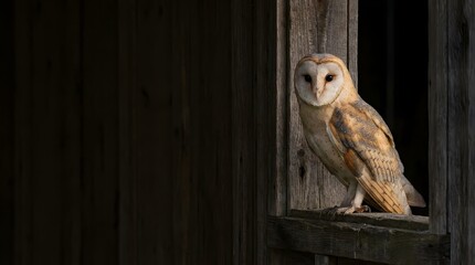 Obraz premium Majestic barn owl perched in a dark wooden window frame