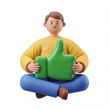 Minimalist 3d clay character sitting cross-legged, resting a giant glossy green thumb up symbol on their lap