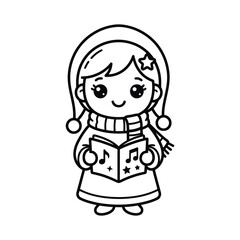 Obraz premium Cute Girl Singing Christmas Carols, Coloring Page Vector