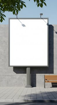 A blank billboard is mounted on a textured concrete wall, casting a subtle shadow. The billboard is framed by a thin metal border and illuminated by two small spotlights attached to its top