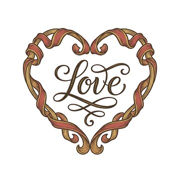 Vintage heart shape frame made of intertwined ribbons with love calligraphy text
