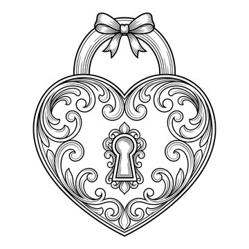Decorative heart shaped padlock with elegant floral scrollwork patterns and bow