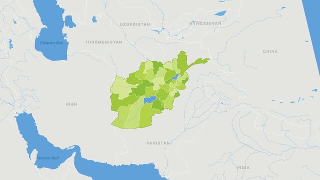 Afghanistan political map zoom animation over Southern Asia 4K