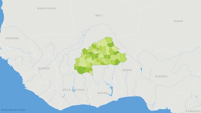 Burkina Faso political map zoom animation over Western Africa 4K
