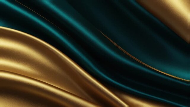 folds of sparkling silk or satin fabric in a combination of emerald green and gold. Waves of soft, smooth and shiny fabric texture give a luxurious, premium and exclusive impression.