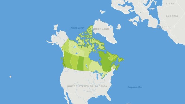 Canada political map zoom animation over Northern America 4K