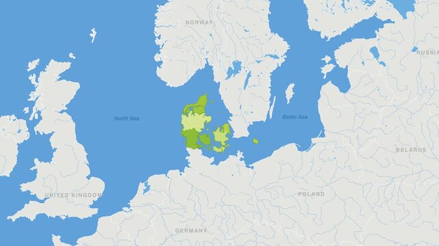 Denmark political map zoom animation over Northern Europe 4K