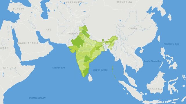 India political map zoom animation over Southern Asia 4K