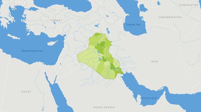 Iraq political map zoom animation over Western Asia 4K