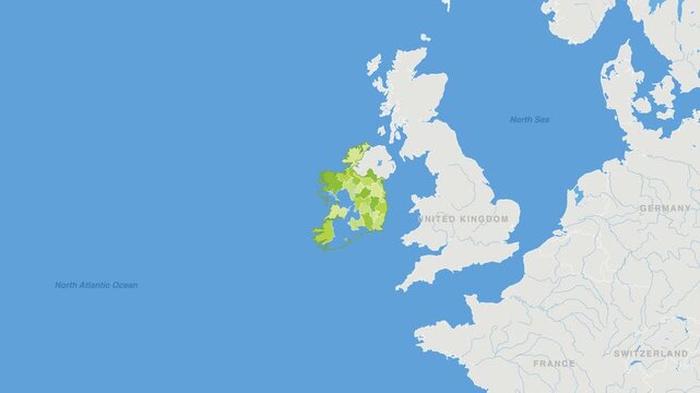 Ireland political map zoom animation over Northern Europe 4K