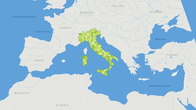 Italy political map zoom animation over Southern Europe 4K