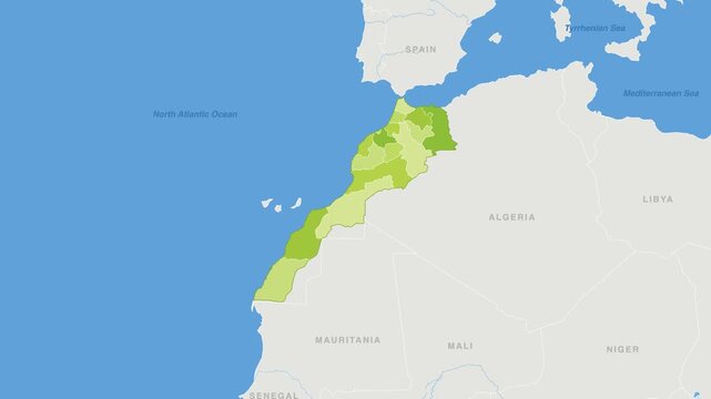 Morocco political map zoom animation over Northern Africa 4K