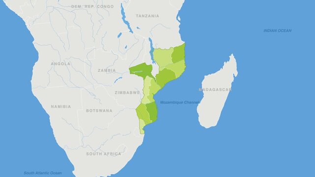Mozambique political map zoom animation over Eastern Africa 4K