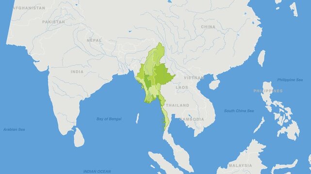 Myanmar political map zoom animation over South-Eastern Asia 4K
