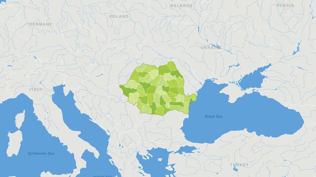 Romania political map zoom animation over Eastern Europe 4K