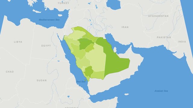 Saudi Arabia political map zoom animation over Western Asia 4K