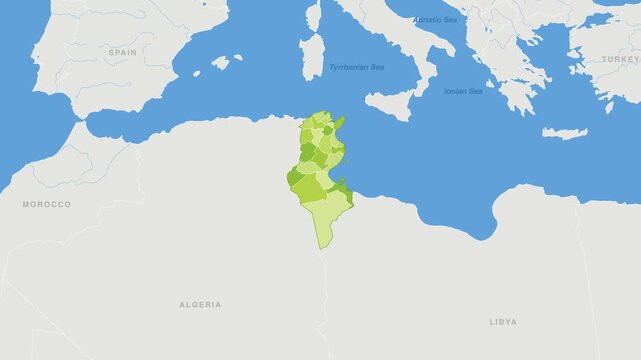 Tunisia political map zoom animation over Northern Africa 4K